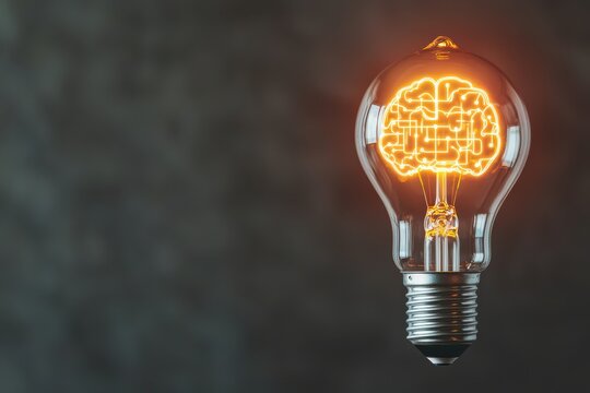 A glowing light bulb with a filament shaped like a human brain, symbolizing innovation and creative thinking.