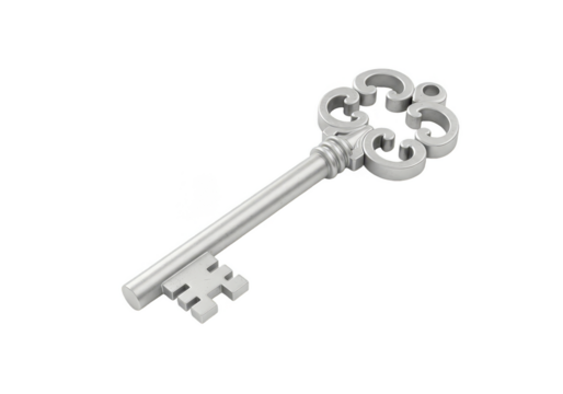 Silver Antique Skeleton Key Rendered In 3d with Isolated Background