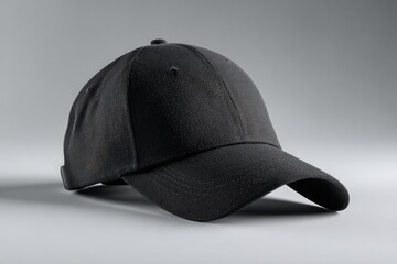 Black baseball cap, slightly angled, on plain background