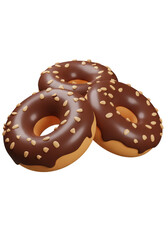 Three 3D Chocolate Donuts with Sprinkles Stacked on Transparent Background