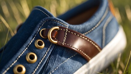 Close up of a blue denim shoe with brown leather strap and gold eyelets outdoors in grass