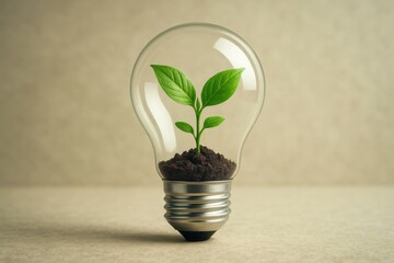 Eco-friendly light bulb concept with growing plant inside transparent glass representing green energy and corporate sustainability