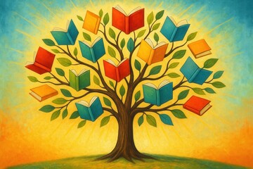 International Literacy Celebration with Knowledge Tree and Educational Book Symbolism