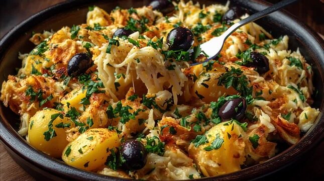 Bacalhau &agrave; Br&aacute;s, a traditional Portuguese dish with shredded codfish, potatoes, and olives