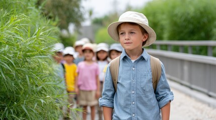 Sustainable tourism and business, A group of children wearing hats and backpacks walk outdoors along a path, led by a boy in a blue shirt and beige hat near green plants.