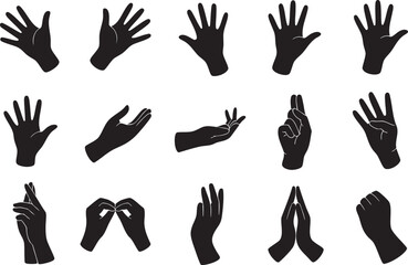 Hand Silhouettes Collection Vector Illustration: A Diverse Set of Hand Gestures and Poses for Your Designs on a Black Background, Perfect for Adding a Human Touch