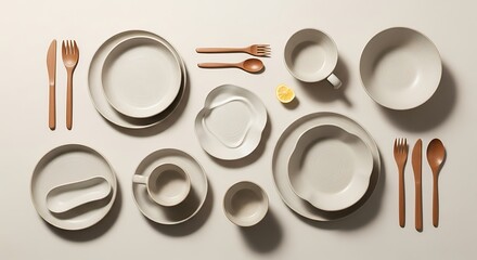 Overhead shot of an arrangement of plates cups bowls and wooden cutlery on table