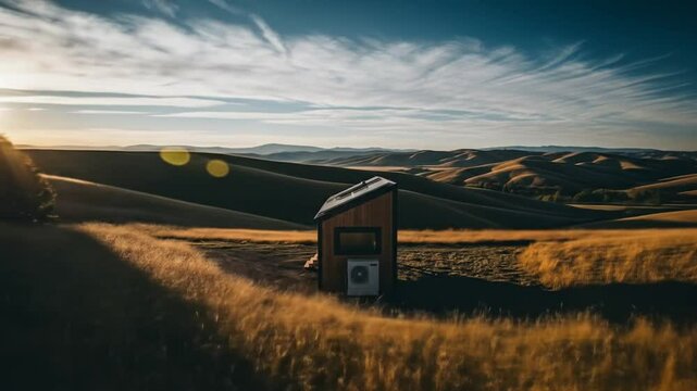 Off-Grid Tiny Home in Golden Hills at Sunset