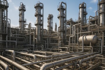Heavy industrial petrochemical processing facility with massive steel pipelines, storage tanks, and steam emissions against dramatic sky