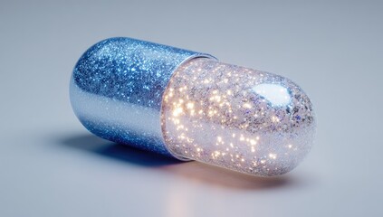 Shiny pill capsule, light-filled interior