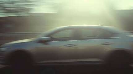 A car moving rapidly, blurred, with a soft dreamy overall tone, punctuated by strong directional light, casting sharp shadows, and a hazy, atmospheric effect