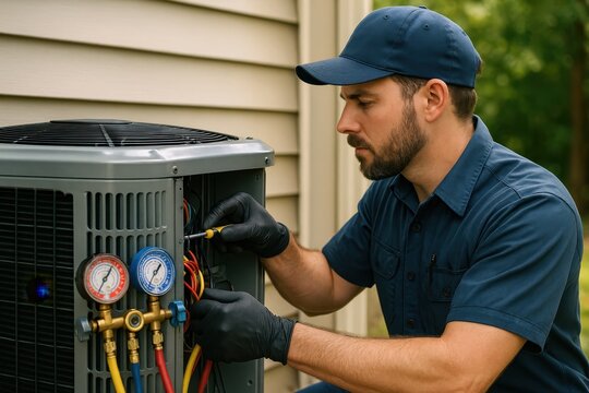 HVAC technician servicing residential air conditioning unit on hot summer day demonstrating professional maintenance and repair expertise