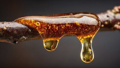 Amber resin dripping from twig