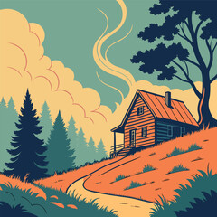 An idyllic illustration showcasing a cozy cabin nestled in a serene forest with colorful stylized scenic landscapes.