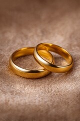 Two intertwined gold wedding rings resting on a textured fabric background, symbolizing love and commitment.