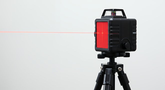 Laser level on tripod against white wall
