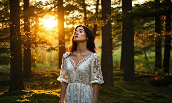Woman in a lace dress bathed in golden sunlight within a forest