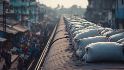 Obraz premium Train roof laden with bags, bustling station below