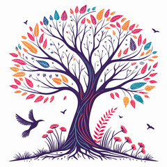 Obraz premium Colorful illustration of a vibrant tree with birds and flowers representing growth nature and beauty