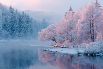 Serene winter landscape with snow-covered trees reflected in a calm lake at dawn, soft pastel hues dominate the scene
