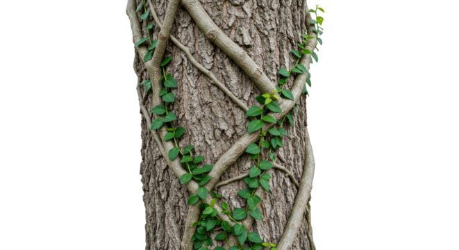 Transparent Background of Tree Bark with Vines Natural Green Detail