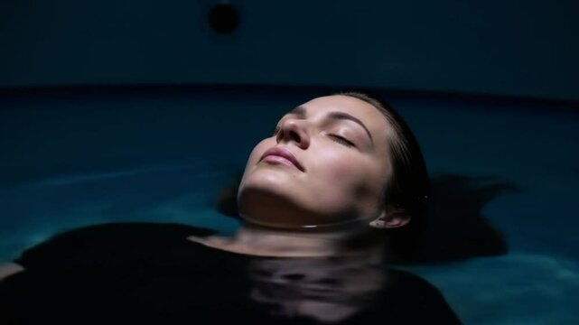 A woman floats peacefully on her back in a dark pool with her eyes closed tight