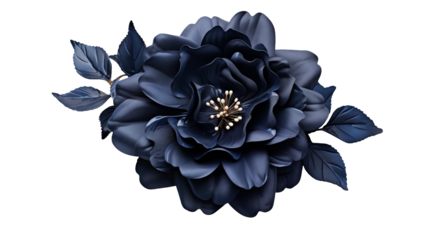 A dramatic close up of a dark blue flower with golden stamen on a transparent background design art