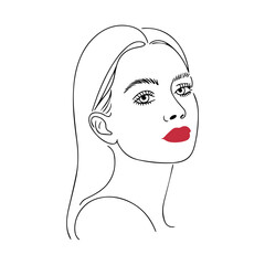 Elegant line drawing of a woman’s face with red lips, ideal for beauty, fashion, or modern minimalist design projects