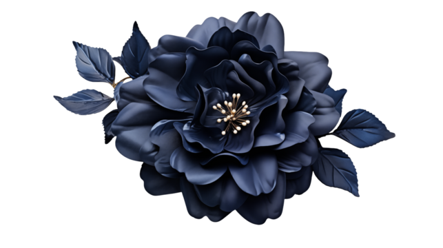 A dramatic close up of a dark blue flower with golden stamen on a transparent background design art