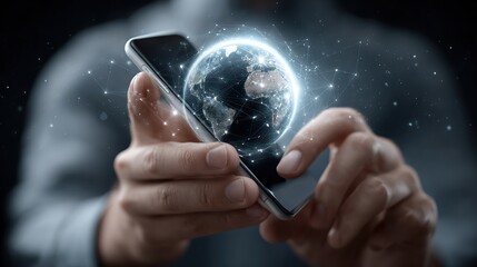 Global Connectivity:  A Person's Hands Hold a Smartphone Displaying a Holographic Earth Connected by a Network of Light