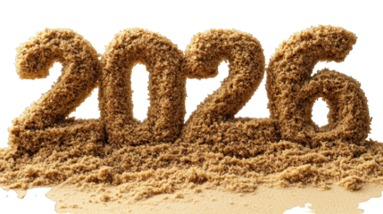 2026" spelled in sand, textured, on black background