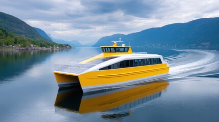 Sustainable tourism and business, A sleek yellow ferry boat glides through calm fjord waters surrounded by forested mountains under a cloudy sky.