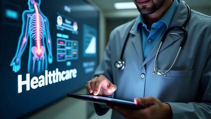 Medical doctor and medical technology and futuristic concept, Modern medical technology and innovation. Doctor using laptop and health medical network connection icon on virtual screen interface