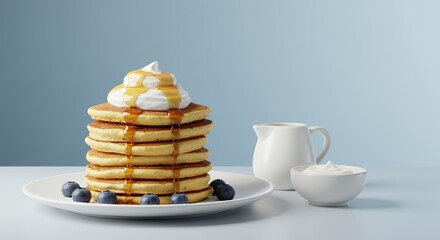 Fluffy Pancakes Topped with Whipped Cream and Drizzled Honey, a Delightful Breakfast Scene