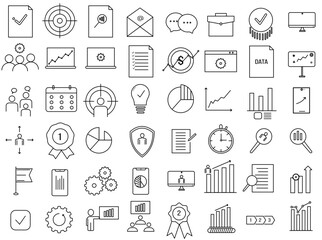 Business Management and Teamwork set of web icons in line style. Management icons for web and mobile app. Media, teamwork, vision, mission, business, planning, strategy, marketing.