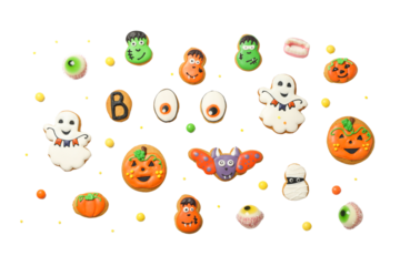 Assorted decorated cookies for Halloween fun, isolated on white, PNG