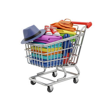 A vibrant shopping cart overflowing with colorful folded clothes accessories and footwear against a transparent background showcasing retail and shopping themes.