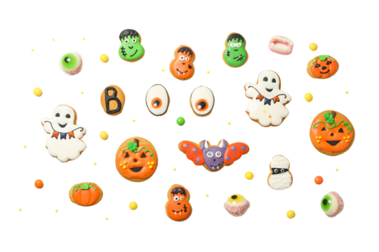 Assorted decorated cookies for Halloween fun, isolated on white, PNG