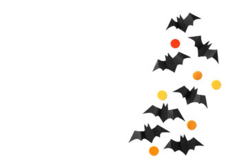 Black bats with bright circle decor, isolated on white, PNG