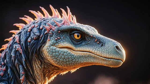 Colorful dinosaur head with a yellow eye. The colors are bright and vibrant, giving the impression of a fantastical creature