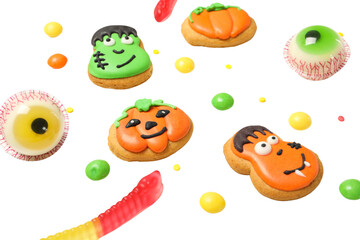 Halloween-themed festive cookies, isolated on white, PNG