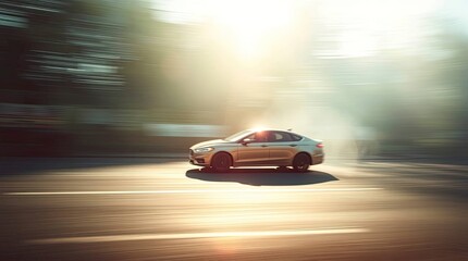 Obraz premium A moving car, blurred by motion, under a soft dreamy atmosphere contrasted by strong hard light creating harsh shadows and hazy soft light