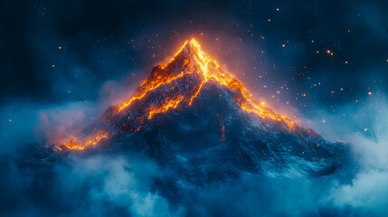 The image should feature a serene yet powerful visual of a mountain peak or solid rock formation emerging from a misty, abstract background in shades of deep blue