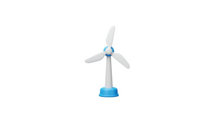 Miniature wind turbine model, isolated on white background, showcasing clean energy concept.