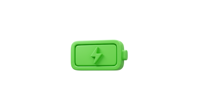 A green, three-dimensional battery icon with a lightning bolt symbol, fully charged.
