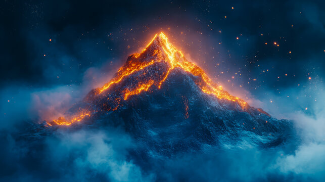  The image should feature a serene yet powerful visual of a mountain peak or solid rock formation emerging from a misty, abstract background in shades of deep blue