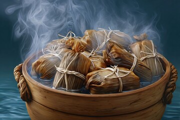 Steaming bundles of food, tied with twine, submerged in a wooden bowl, set against a dark background