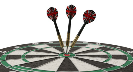 Realistic Illustration of Three Darts Hit Bullseye on Dartboard Game