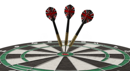 Realistic Illustration of Three Darts Hit Bullseye on Dartboard Game