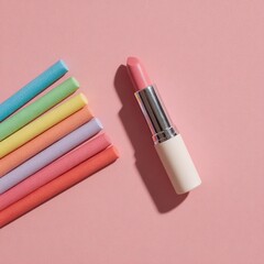 Pastel rainbow colored crayons and a pink lipstick on a pink background